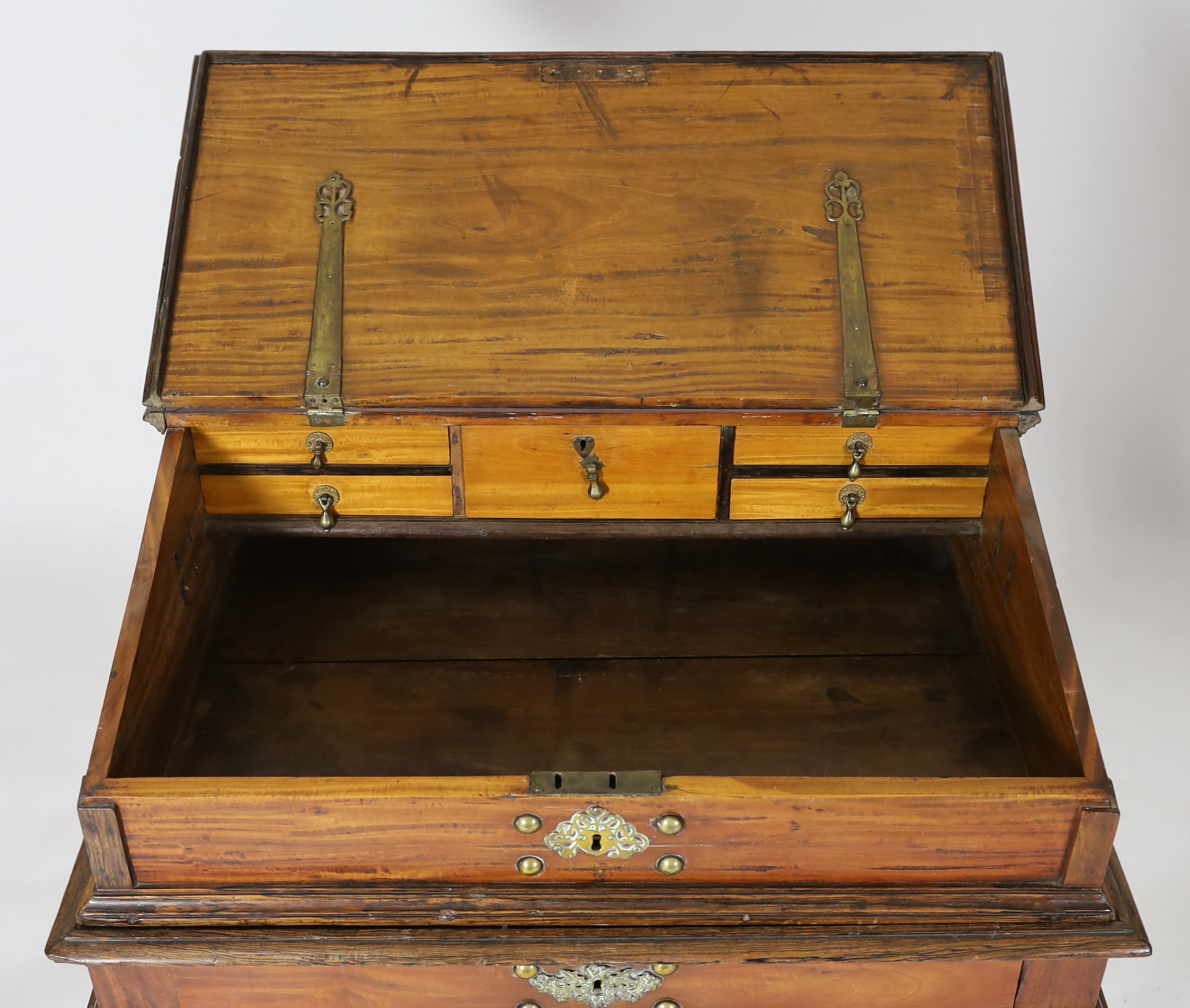 An 18th century Dutch colonial satinwood bureau, 95cm wide, 71cm deep, 95cm high